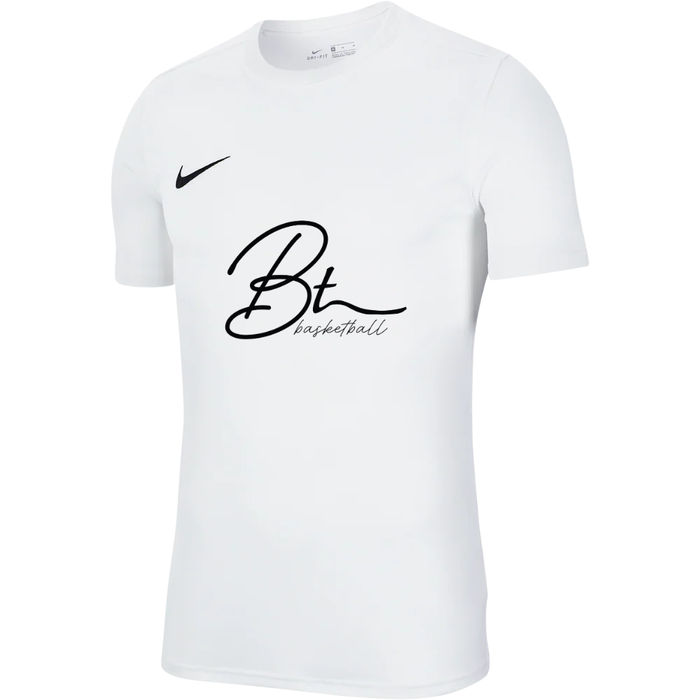 White t-shirt with black Nike logo and 'Bt Basketball' text on a white background