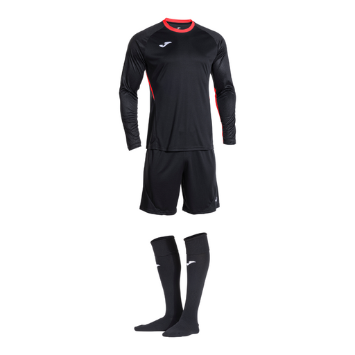 Joma Zamora X Three-Piece Goalkeeper Set in black with red collar trim