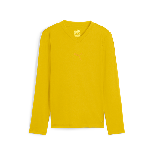 A yellow long sleeve baselayer for kids and men by Puma, with a V-neck cut and a small Puma logo on the chest.