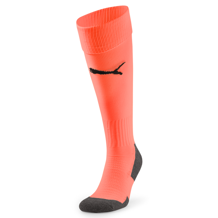 A pair of bright orange Puma Team LIGA 25 socks with black detailing and branding on the front.