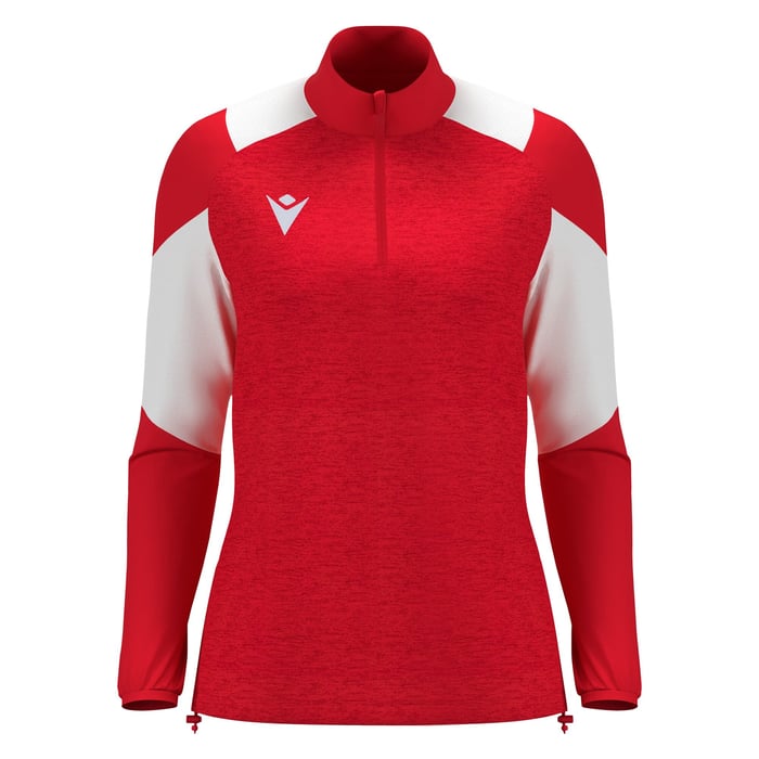 Red and white long-sleeve athletic top with a brand logo on a white background