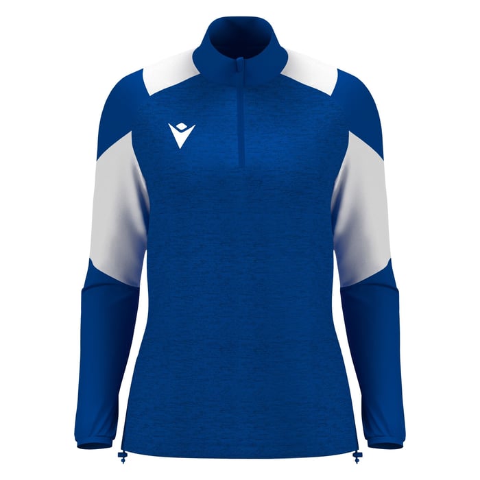 Blue and white long-sleeve athletic top with a brand logo on a white background