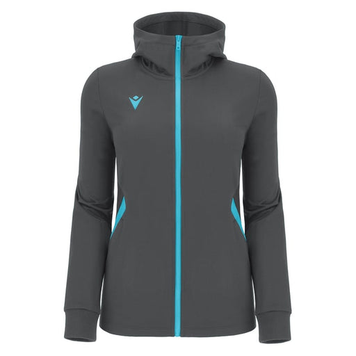 Gray hoodie with blue accents on a white background