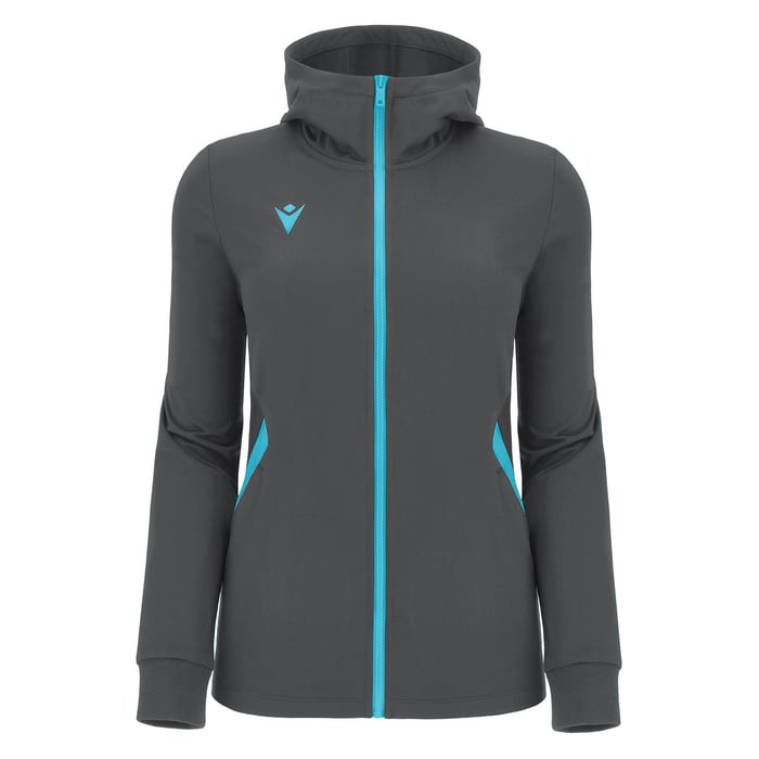 Gray hoodie with blue accents on a white background