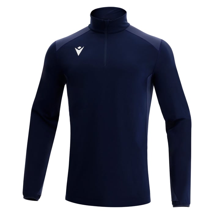 Navy long-sleeve athletic shirt with a logo on a white background