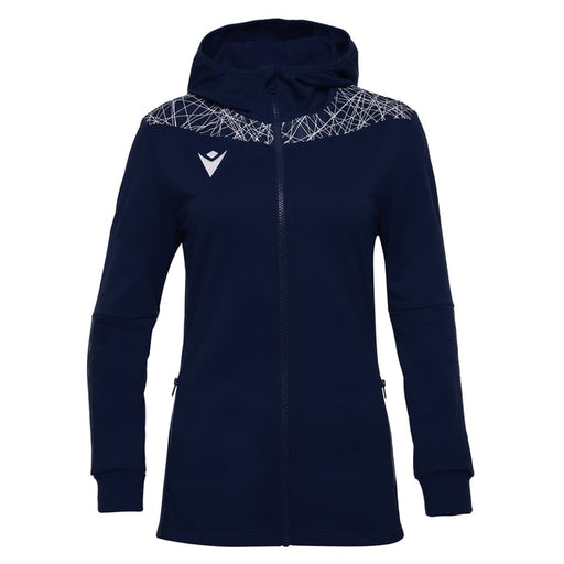 Navy blue jacket with white geometric pattern on hood against a white background