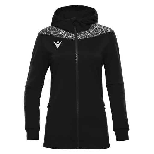 Black jacket with geometric pattern on hood against a white background