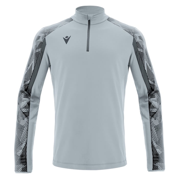 Light gray long-sleeve athletic shirt with black patterned sleeves on a white background