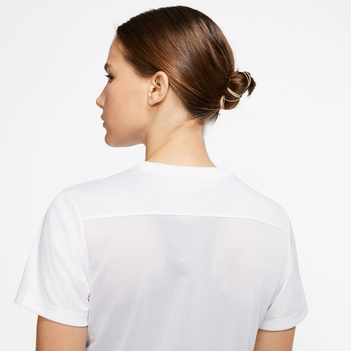 back of Nike Dri FIT Park VII Shirt Short Sleeve Womens in White/Black