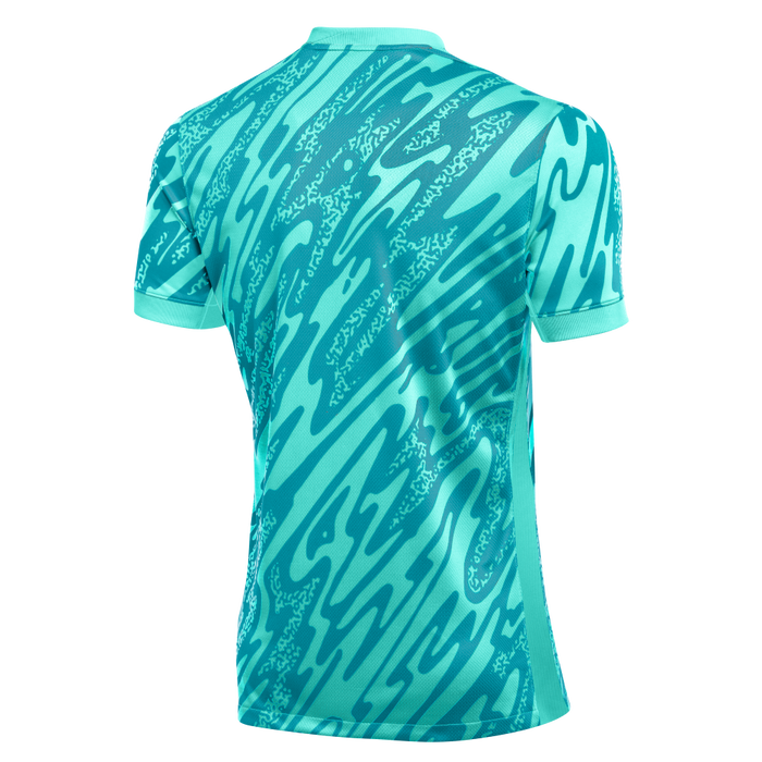 back of Nike Dri-FIT Gardien V Goalkeeper Short Sleeve Shirt in hyper turq