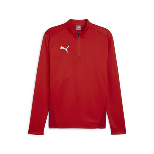 A red Puma Team Goal Training 1/4 Zip Top for kids, with long sleeves and a quarter zip neckline.