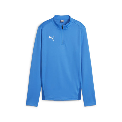 A blue Puma Team Goal Training 1/4 Zip Top for women with long sleeves and a quarter zip neckline.