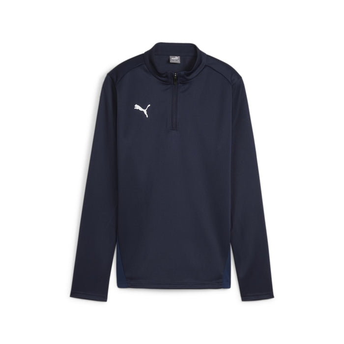 A navy Puma Team Goal Training 1/4 Zip Top for women with long sleeves and a quarter zip neckline.