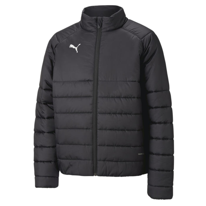 A black padded jacket with a zipper and the Puma logo on the chest.