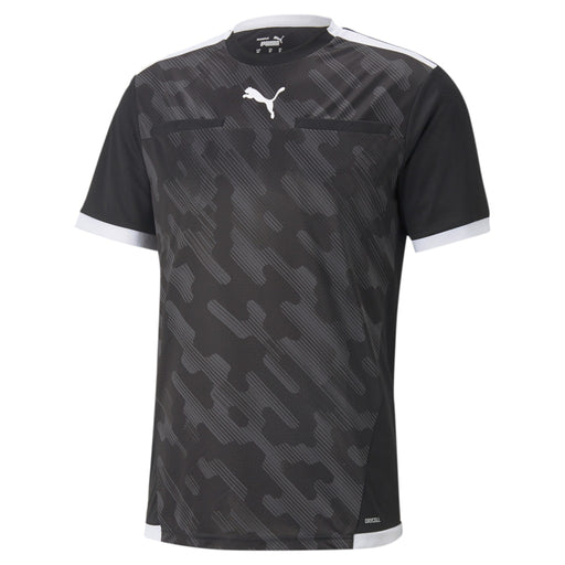 A black and white Puma soccer referee jersey with camouflage pattern and velcro pockets.