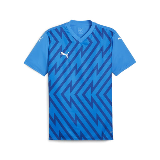 A short sleeve football jersey with a geometric pattern in blue and white colours, featuring the Puma logo.
