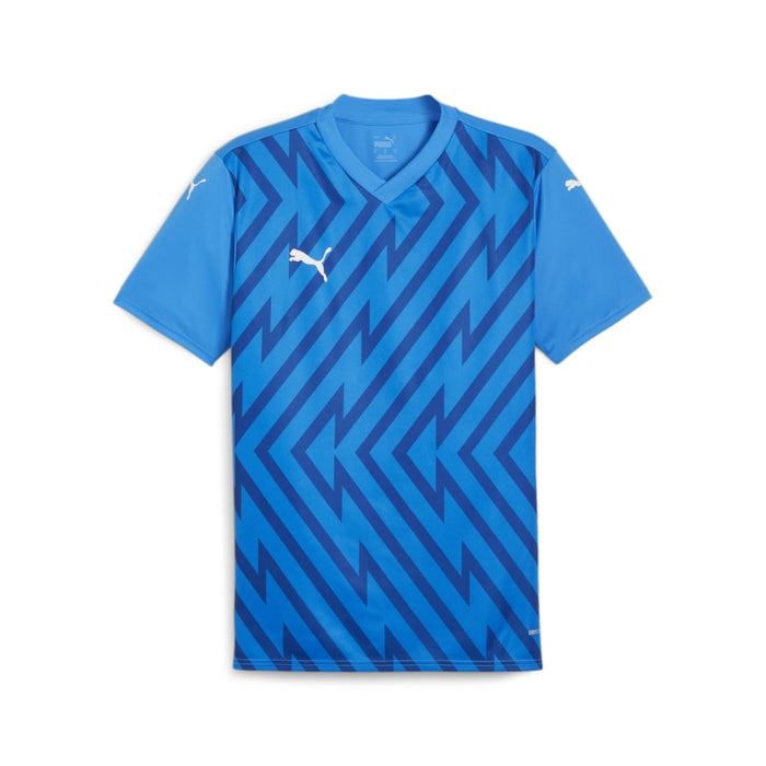 A short sleeve football jersey with a geometric pattern in blue and white colours, featuring the Puma logo.