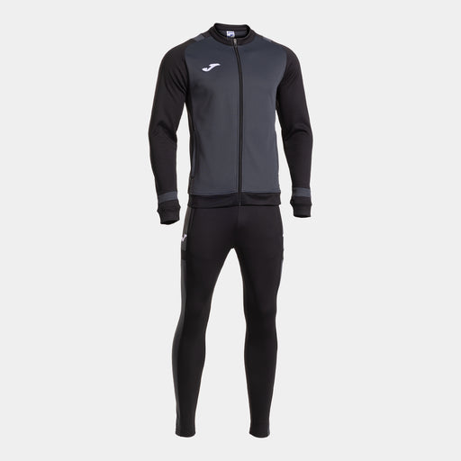 A black and gray tracksuit with long sleeves, consisting of a zip-up jacket and matching pants.