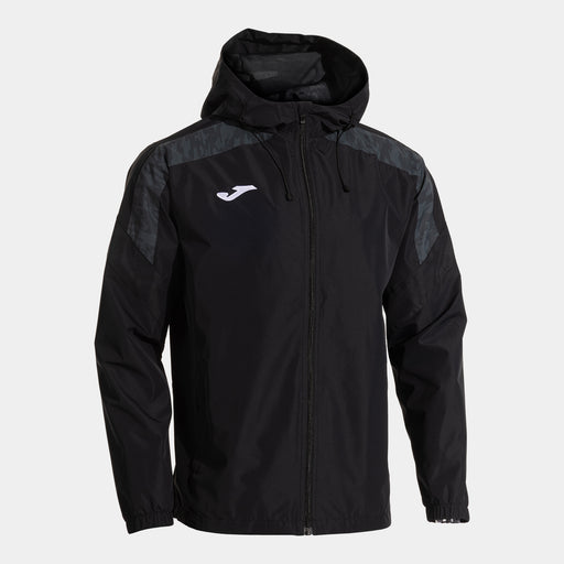 A black raincoat with a hood and long sleeves, featuring a zipper front and a white logo on the chest.