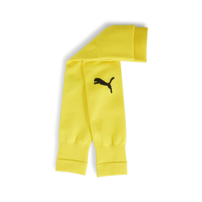 A yellow Puma teamGOAL Sleeve Sock with white Puma logo on the side, designed for sports uniform use.