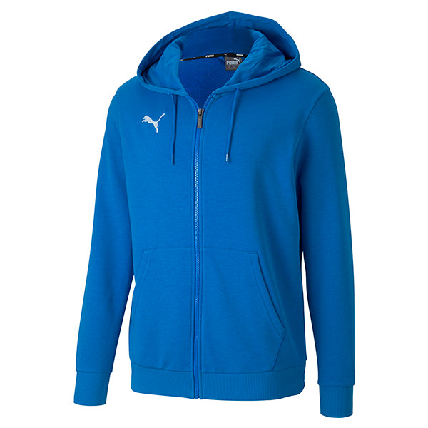 A blue hooded jacket with a front zipper and kangaroo pockets, featuring the Puma brand logo on the chest.