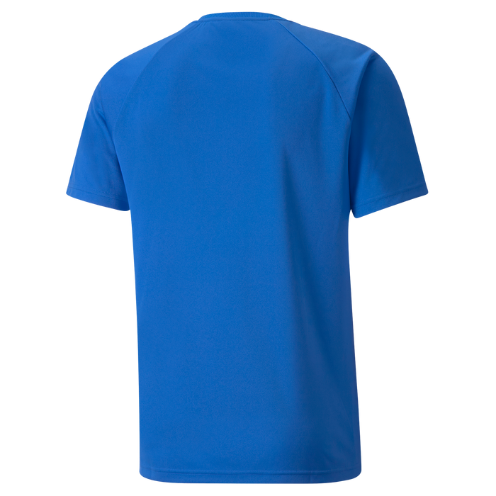 back of Puma Team Liga Striped Short Sleeve Shirt in electric blue lemonade and black