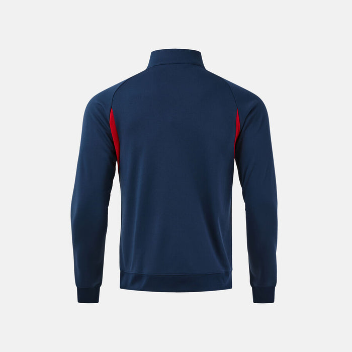 Navy blue jacket with red accents on a light gray background