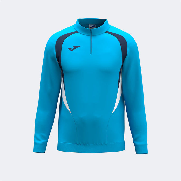 Blue athletic sweatshirt with gray accents on a light gray background