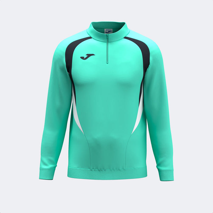 Teal athletic jacket with black and white accents on a light gray background