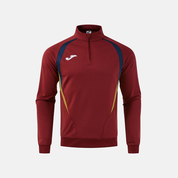 Maroon sports jacket with blue and yellow accents on a white background