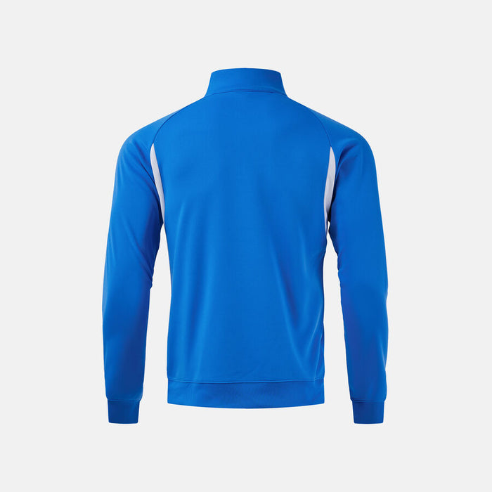 Blue tracksuit jacket with white stripes on a light gray background