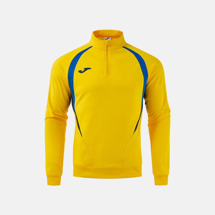 Yellow sweatshirt with blue accents on a white background