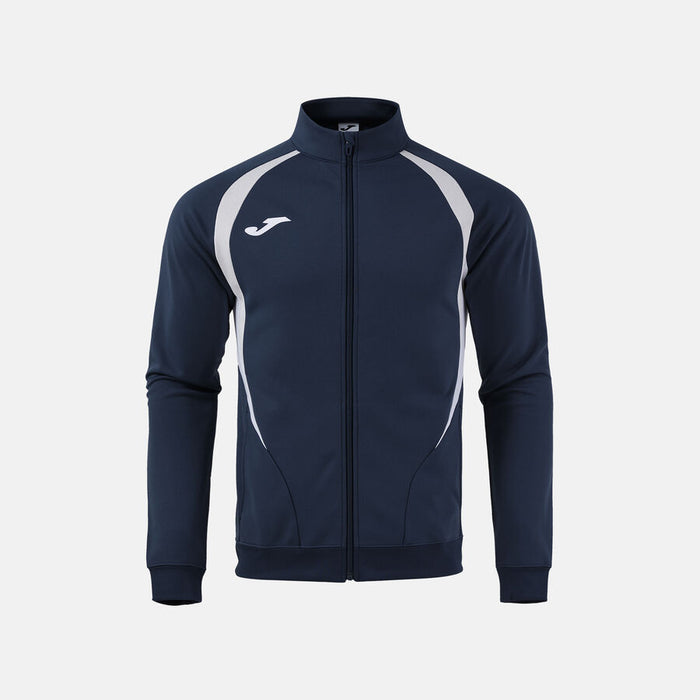 Navy tracksuit jacket with white accents on a light gray background