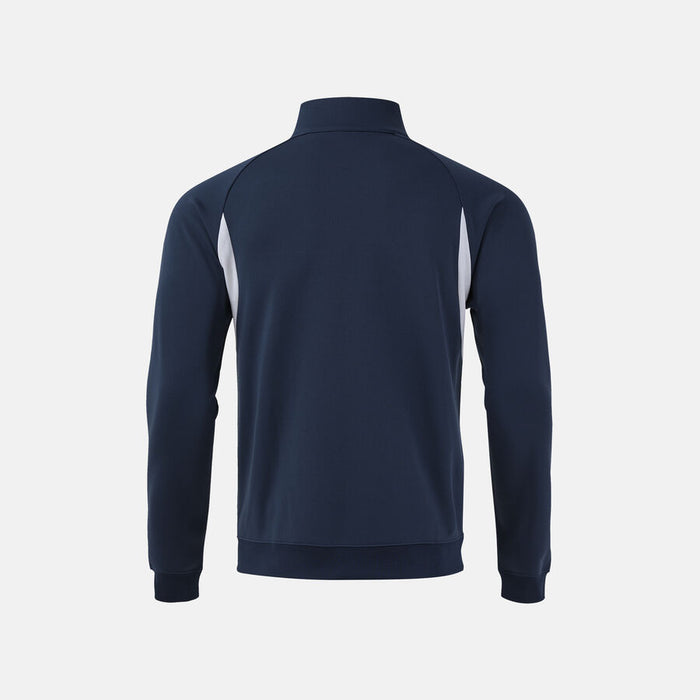 Navy blue half-zip sweatshirt on a light gray background