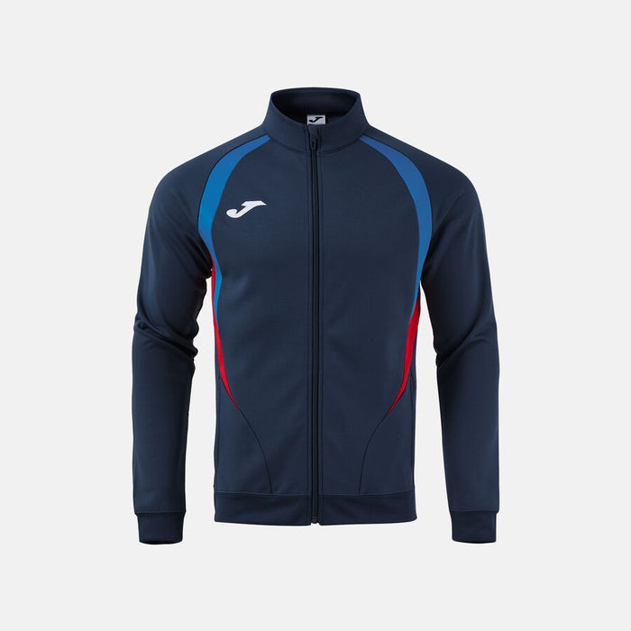 Navy tracksuit jacket with blue and red accents on a white background