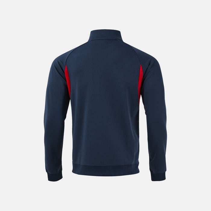 Navy blue half-zip sweatshirt with red accents on a light gray background