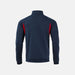 Navy blue half-zip sweatshirt with red accents on a light gray background
