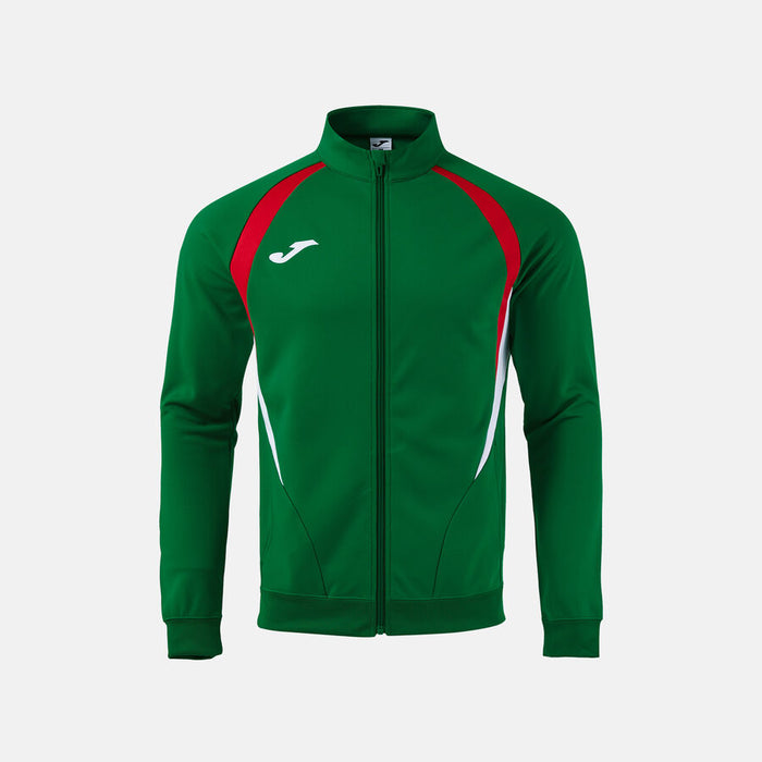 Green tracksuit jacket with red accents on a white background