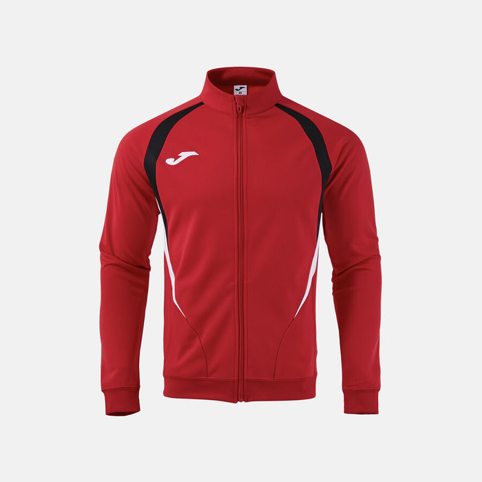 Red tracksuit jacket with black and white accents on a light gray background