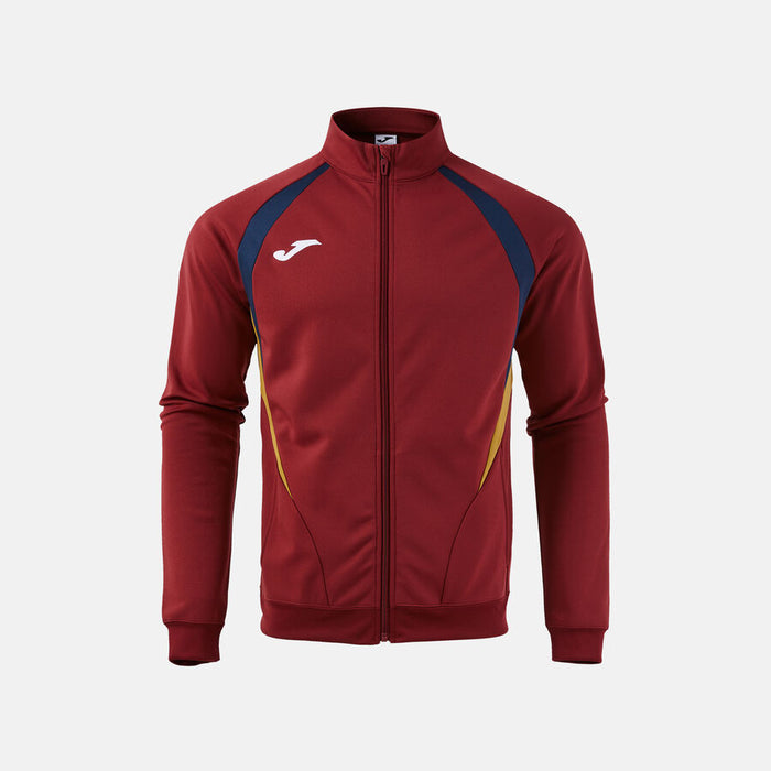 Red tracksuit jacket with blue and yellow accents on a white background