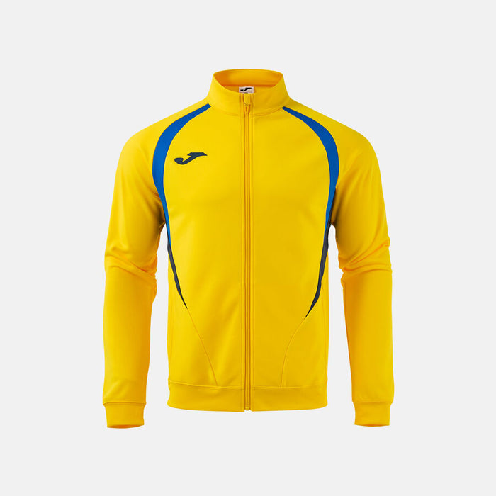 Yellow jacket with blue accents on a white background