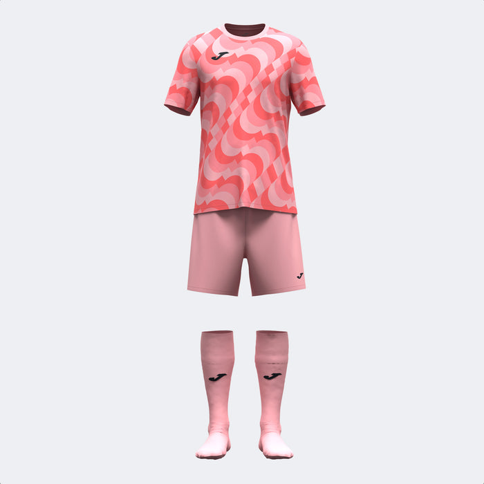 Pink soccer jersey, shorts, and socks with a brand logo on a light gray background