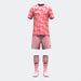 Pink soccer jersey, shorts, and socks with a brand logo on a light gray background