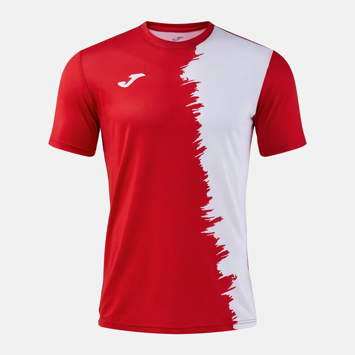 Red and white sports jersey with a brand logo on a light gray background