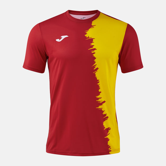 Red and yellow sports jersey with a brand logo on a white background
