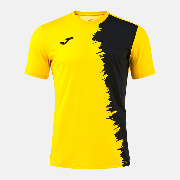 Yellow and black sports jersey with a brand logo on a white background