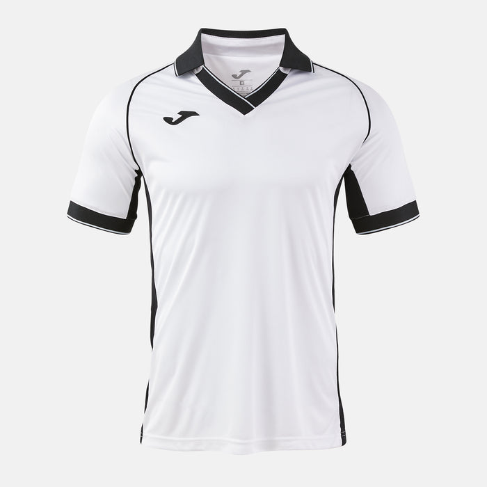 White sports jersey with black accents on a white background