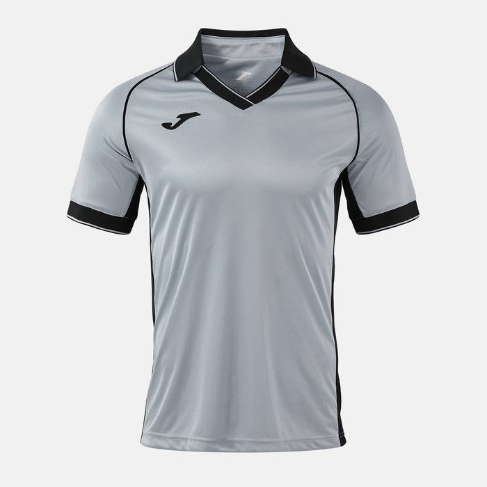 Gray sports jersey with black accents on a white background