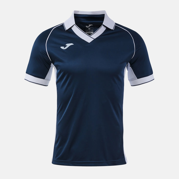 Navy blue sports jersey with white accents on a light gray background