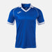 Blue sports jersey with white accents on a white background